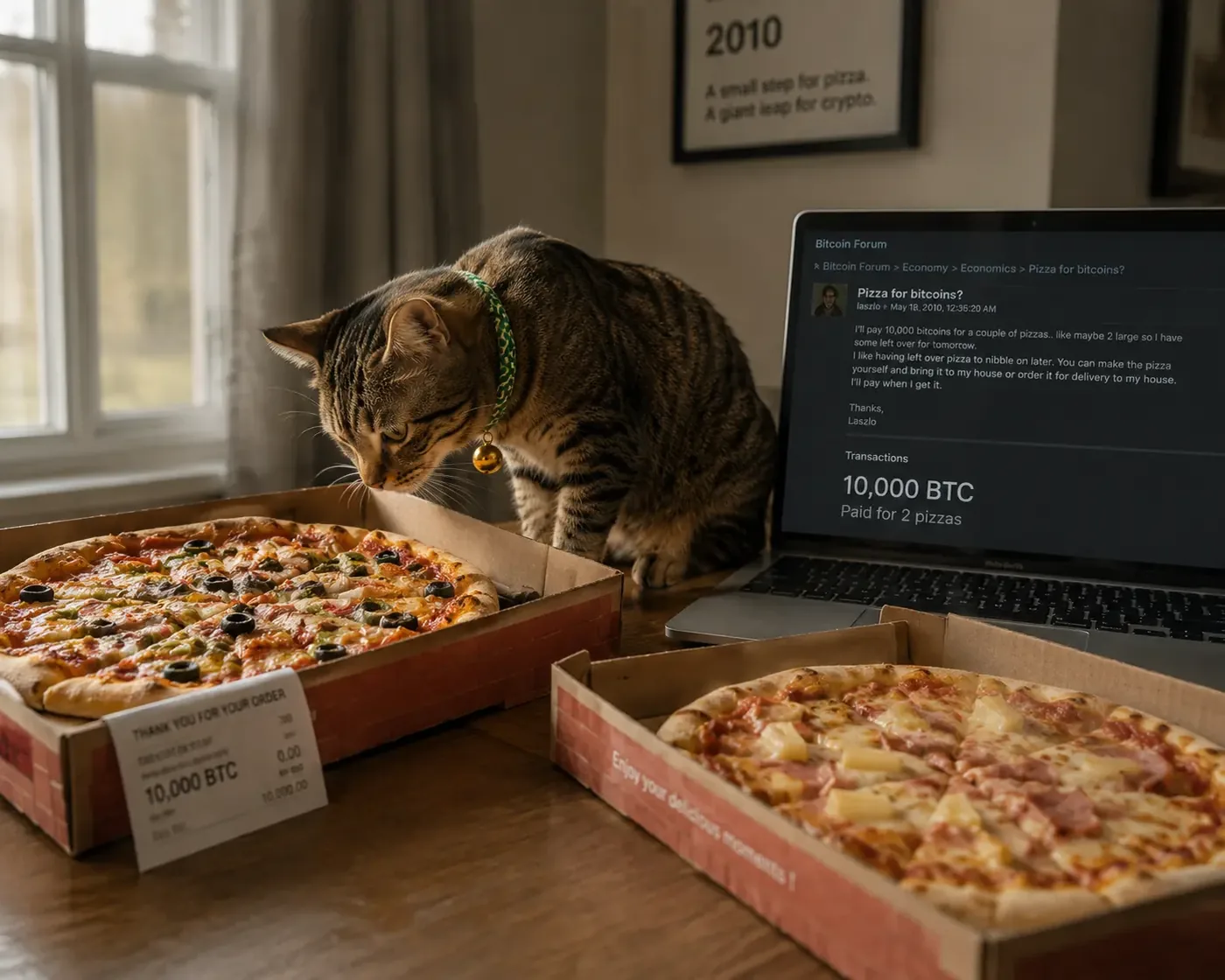 Cate inspecting the legendary 10,000 BTC pizzas